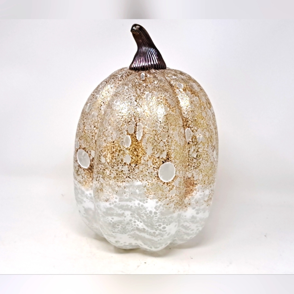 Large Art Glass Gold And White Pumpkin With Irridecent Stem
